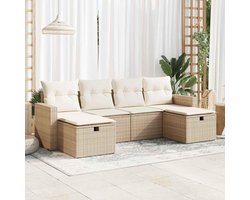6-delige loungeset rotan met kussens, beige, modulaire polyrotan tuinmeubelen, waterdicht opbergvak en afneembare dekbedovertrekken.