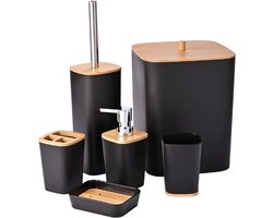 6-Delige Luxe Bamboe Badkameraccessoireset - Complete Badkamer Set Met Afvalbak Toiletborstel Zeepdispenser Tandenborstelhouder Beker En Zeepschaaltje - Natuurlijke Moderne Badkamerset Cadeau