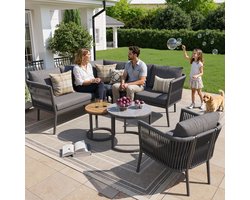 6-Delige Modulaire Tuin Loungeset - Rope Hoekbank Met Kussens - Grijs - Buitenmeubelen