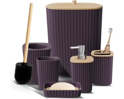 6-Delige Paarse Badkamerset - Accessoireset met Toiletborstel, Prullenbak en Zeepdispenser