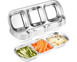 6-delige roestvrijstalen dipsausset met dipschaaltjes, Koreaanse sausschaal met drie compartimenten, kruidenschaal, barbecueazijn, specerijen, zout, suiker en andere smaakmakers, voor thuis/restaurant (zilver)