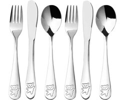 6-delige roestvrijstalen kinderbestekset - 2 vorken - 2 lepels en 2 messen - Geschikt voor kinderen, baby's, gezinnen en scholen - Berenpatroon - Zilver