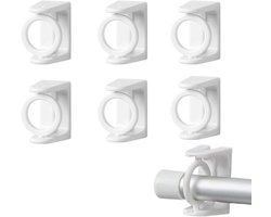 6-delige set bestaande uit boorvrije gordijnroedebeugels, boorvrije gordijnhaken en boorvrije gordijnroedes.