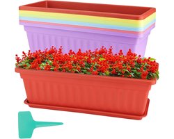 6-delige set bloembakken 43,2 cm, rechthoekig - kunststof plantenbak met dienbladen en 30 groene etiketten voor vensterbank, terras, tuin - woondecoratie en veranda