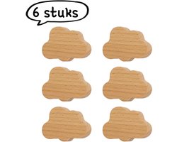 6-delige set - Handgrepen - Massief houten handgrepen, boren niet nodig, natuurlijke houtkleur - Lade-/kledingkasthandgrepen met cartoonmotief - Massief beukenhout - Klein wolkjesdesign - Natuurlijke houtkleur