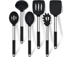 6-delige set keukengerei van siliconen met roestvrijstalen handgreep, anti-aanbaklaag, hittebestendig, gemakkelijk te reinigen - zwart.