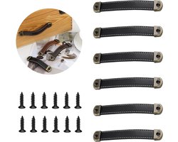 6-delige set lederen meubelgrepen in vintage stijl - lederen deurknoppen en lade trekt voor kasten en dressoirs - zwart.