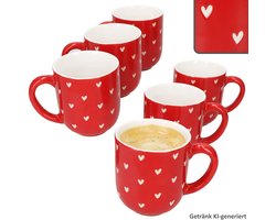 6-delige set LOVE (All over Herz) koffiemokken rood met witte harten van porselein – 24310119