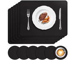 6-delige Set Placemats en Onderzetters - Kunstleer Tafelonderleggers - Afwasbaar, Hittebestendig tot 80°C, Waterdicht, Antislip - 41 x 31 cm - Zwart