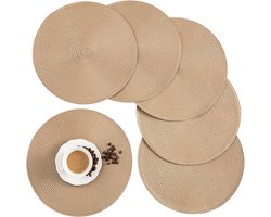 6-delige set - placemats - onderzetters - Placemat - Onderzetters voor glazen - Warmte-isolerende mat - Geweven - Rond - Antislip - Effen - Diameter 38 cm - Lichtbruin