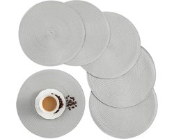 6-delige set - placemats - onderzetters - Placemat - Onderzetters voor glazen - Warmte-isolerende mat - Geweven - Rond - Antislip - Effen - Diameter 38 cm - Lichtgrijs