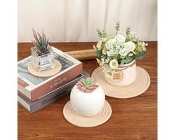 6-delige set: Ronde plantmatten (11 cm / 18 cm / 25 cm) — Geweven schalen en onderleggers voor potplanten, binnen en buiten. Decoratieve plantmatten, onderleggers en schalen vervaardigd uit katoen-linnen materiaal — Een onmisbare set tuinaccessoires.