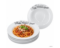 6-delige set SPAGHETTI pastaborden wit met decor en tekst in zwart en grijs van porselein