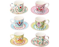 6-delige set SPRING FOLK espressokopjes met schoteltjes, elk 1x bloem (gele rand), bloem (rode rand), geel, groen, roze en blauw van porselein – R0126#SFOL