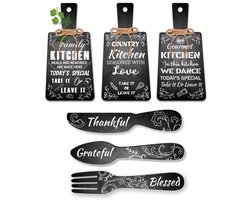 6 Delige Snijplank Set - Zwart-Witte Houten Decoratie met Borden en Bestek - Rustieke Keuken Wanddecoratie