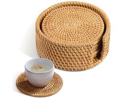 6-delige theekop kussen set, geweven ondergrond set met beugel, ronde rattan placemat, handgeweven ondergrond, gebruikt voor drank keuken tafel decoratie, 10cm