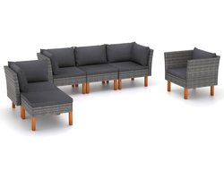 6-delige tuinloungeset, lounge-tuinmeubelset, terrasmeubilair weerbestendig, tuinlounge, balkon meubels, tuin loungemeubelset, poly rotan en eucalyptushout, grijs