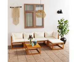 6-delige tuinloungeset met kussens, tuinlounge, balkonmeubels, terrasmeubels, zithoek balkon, loungeset, meubels, tuin, balkon, loungeset, crème, massief hout, acacia