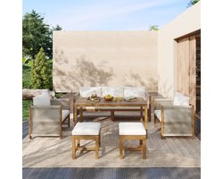 6-Delige Tuinmeubelset - 3-Zits Bank, 2 Fauteuils, 2 Hockers & Eettafel - Acaciahout Blad - Massief Houten Frame - Inclusief Kussens - Beige - Ideaal voor Tuin, Terras & Balkon