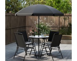 6-Delige Tuinmeubelset met Parasol – Tuintafel met 4 Inklapbare Stoelen – Ronde Glazen Tafel – Zwart – 58 x 54,5 x 87 cm – Terras- & Balkon Zitgroep – Weerbestendig Buitenmeubilair – Altameubel