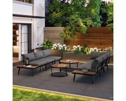 6-delige Tuinset met verzinkt ijzeren frame, eetgarnituur voor 5-6 personen, 2 banken, 2 stoelen, 2 tafels