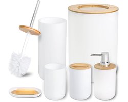 6-Delige Witte Badkamer Accessoireset met Bamboe Accent