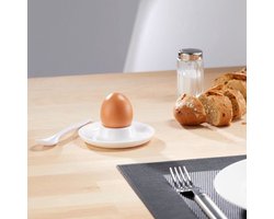 6 eierdopjes, rond, ø10 cm + 6 eierlepels 14,5 cm, hoogwaardige kunststof,, wit, 206222E6