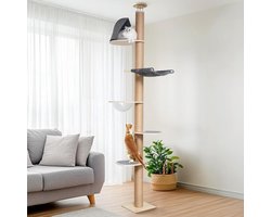6 etages tot aan het plafond reikende kattentoren (280-300 cm) aan de muur gemonteerde kattenboom van natuurlijk rubberhout met transparante ruimtecapsule en gezellige hangmat
