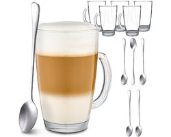 6 Glazen Cappuccino met Handvat en Lepel - 250 ml - Houdt Lang Warm - Ideaal Formaat voor Volautomatische Koffiemachines - Vaatwasmachinebestendig.