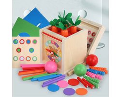 6-in-1 houten Montessori-speelgoed, houten speelset voor peuters, inclusief muntenbak, wortels oogst, insecten vangen spel, klok aanpassen, sorteerspel met stokjes op kleur, educatief speelgoed, verjaardagscadeau voor jongens en meisjes