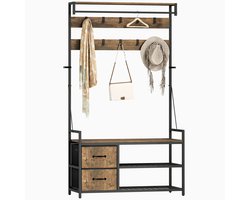 6-in-1 kapstok met schoenenplank, industriële stijl, 10 haken, 2 stoffen lades, metaal, bruin