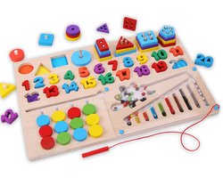 6-in-1 Montessori Houten Speelgoed - Cijfers Leren, Vormen, Rekensommen, Kleuren Sorteren & Magneetkralen - Stapelspeelgoed - Magneet spel - Logisch Denken Montessori Bord - Sensorisch - Sorteerspel - Activiteitenbord - Jongens - Meisjes - Cijfers