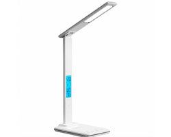 6-in-1 multifunctionele opvouwbare LED-bureaulamp met draadloze oplader-digitale klok-wekker-kalender-temperatuurweergave-oogvriendelijke verlichting en USB-oplaadpoort - voor thuis- kantoor en studie