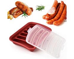 6-in-1 siliconen worstvorm - voor zelfgemaakte hamburgers, hotdogs, ijsblokjes, snoep, gelei, chocoladevormen - voor doe-het-zelf, hotdogs, eieren, worst, bakvorm met deksel voor kinderen - rood - 17,5 x 13,5 x 3,2 cm