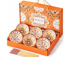6 Keramische kommen met eetstokjes- Bohemian - cadeauverpakking - giftset - set - schaaltjes - kommetjes - serviesset - tapas, rijst, sushi - keramiek - rijstkom - sushikom - decoratie -Boheems - Boho - Mandala - Japans - Oosters - Boheemse