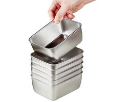 6 kleine roestvrijstalen voedselbakjes - Deksel niet inbegrepen - 11 × 8 × 4,5 cm - Stapelbaar - Geschikt voor oven, koelkast en vaatwasser - Ideaal voor thuis, op kantoor of op school - Zilver
