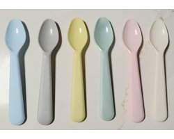 6 kunststof eierlepels - lentetinten - 6x eierlepel pastel zomer kleuren - geel blauw roze groen grijs pastel en wit - eierlepeltjes paplepels - lepels klein - eerste hapje