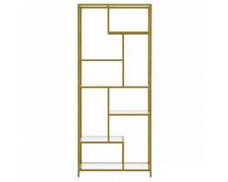 6-laags boekenplank opbergkast 30x80x180 cm goud met gehard glas planken verstelbare voetjes en kantelbeveiliging stevige metalen frame geschikt voor studeerkamer woonkamer kantoor