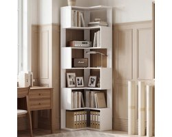 6-Laags Hoek Boekenkast L-Vorm 204 cm Hoog – Ruimtebesparende Open Wandplank met Beschermstrip & Kantelbeveiliging, Moderne Staande Opbergkast voor Woonkamer, Kantoor & Slaapkamer 25,5 x 53 x 204 cm