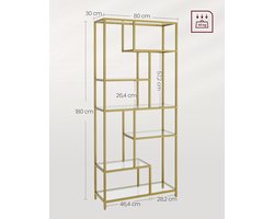 6-Laags Hoge Boekenkast 180x80x30 cm | Tempered Glass en Stalen Display Plank | Plantenstandaard, Opberg- en Displaykast voor Woonkamer, Slaapkamer, Kantoor of Keuken – Metallic Goud