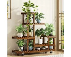 6-laags Houten Plantenstandaard – Plantenrek met Meerdere Plantenhouders – Rek met Wieltjes - Binnen & Buiten – Terras, Balkon, Tuin – 95x26x95 cm
