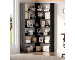 6-Laags L-Vorm Hoek Boekenkast 180 cm Hoog – Ruimtebesparende Open Wandplank met 6 Vakken, Houten Corner Shelf voor Woonkamer, Kantoor & Slaapkamer