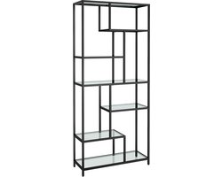 6-laagse Boekenkast met Gehard Glas voor Woonkamer, Slaapkamer en Kantoor – Hoge Displayplank en Plantenstandaard