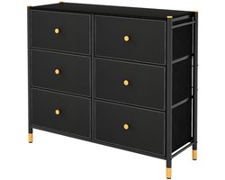 6-Laden Stoffen Ladekast – Brede Opbergkast met Metalen Frame – Vrijstaand Dressoir voor Woonkamer & Hal – Zwart