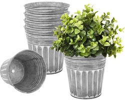 6 Metalen Bloempotten voor Buiten - Set van 6 Zilveren Rustieke Bloempotten met Afvoergat en Rubberen Stopper - Roestvrij Metalen Emmer Bloempotten - Vintage Stijl