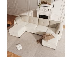 6-modulige U-vormige bank met opbergruimte - hoekbank voor de woonkamer - L-vormige bank - ligstoel - eenpersoonsbank - beige