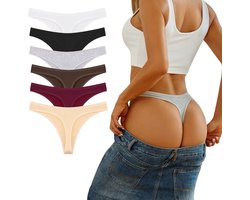 6 Pack - Comfortabele String - Zachte Strings - Sexy Dames Ondergoed - Vrouwen - Onderbroek Set - Lingerie - Zwart, Wit, Rood, Bruin, Grijs, Nude - Maat S