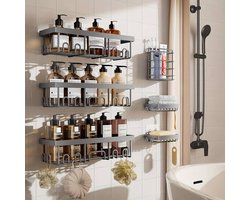 6-Pack Wandmontage Badkamerplanken – RVS Douche Caddy Organizer met Hangrek – Ruimtebesparend voor Douche, Badkuip & Wastafel