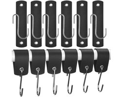 6 Pcs S Hooks - Met Leren Strips - RVS - Grote Zwarte Haakjes - Keuken Haakjes voor Handdoeken en Mokken