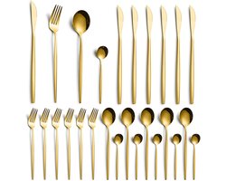 6 Persoons Bestekset Essential (24-delig) - Lepels, Messen, Vorken, Steakmessen & Gebaksvorkjes - Vaatwasserbestendig Bestek - Gouden / Edelstaal